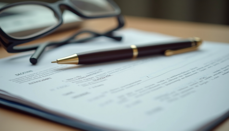 Close-up view of a legal document with a pen and glasses on a wooden table