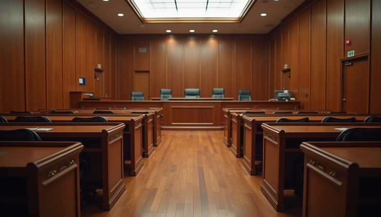 Eye-level view of a courtroom with judge’s bench and empty witness stand
