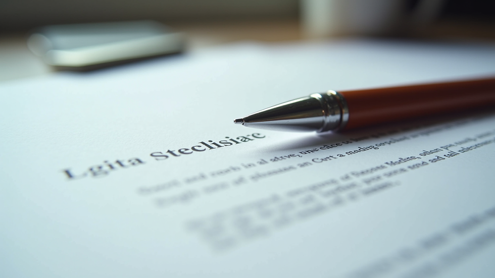 Close-up view of a legal document with a pen resting on it