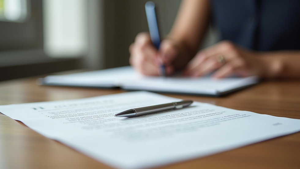 Eye-level view of a legal document and pen on a wooden desk
