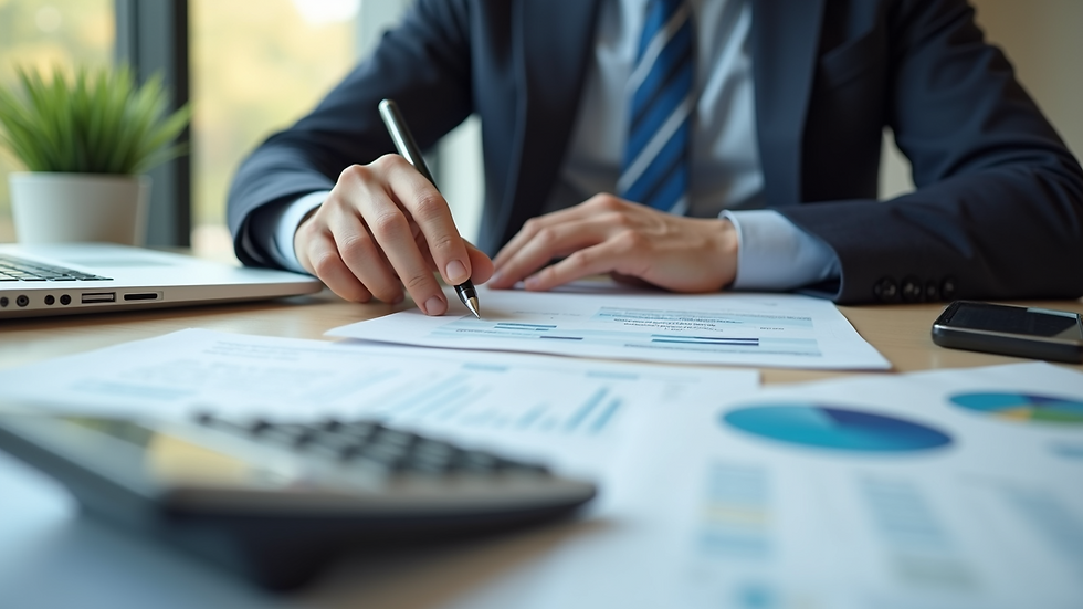 Close-up view of a financial planner’s desk with documents and a calculator