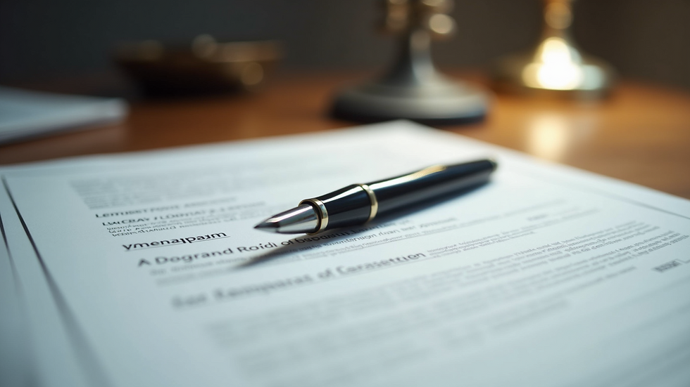 Close-up view of legal documents and a pen on a wooden desk