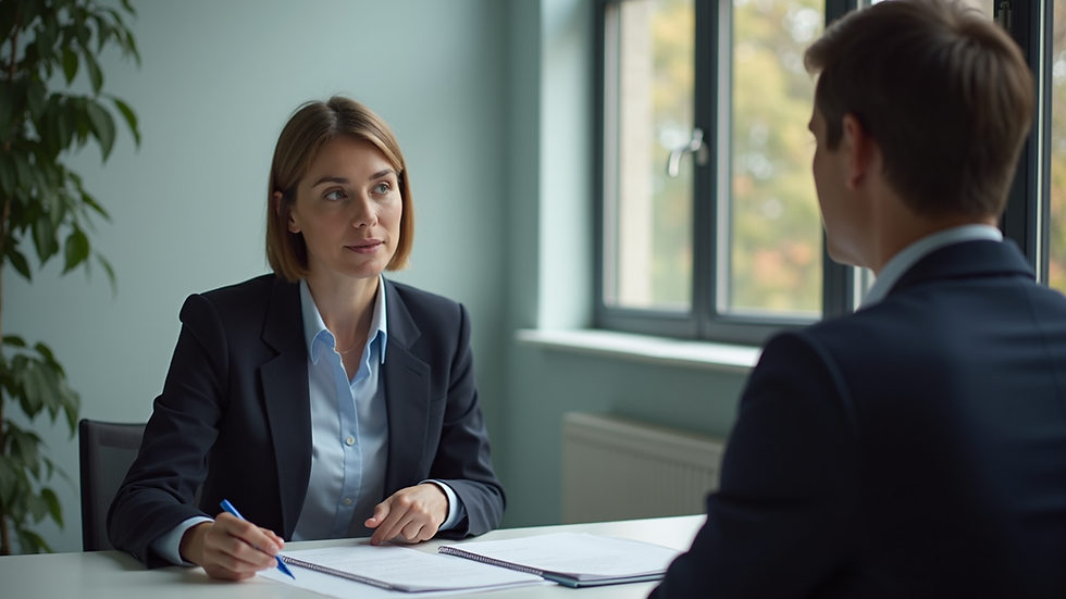 Close-up view of a solicitor advising a client in an office