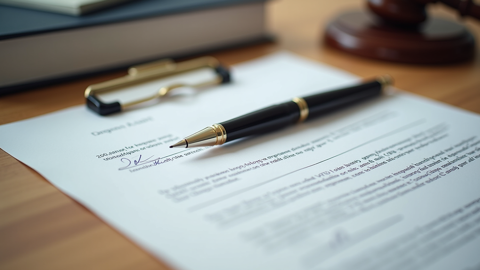 Eye-level view of a legal document and pen on a wooden desk