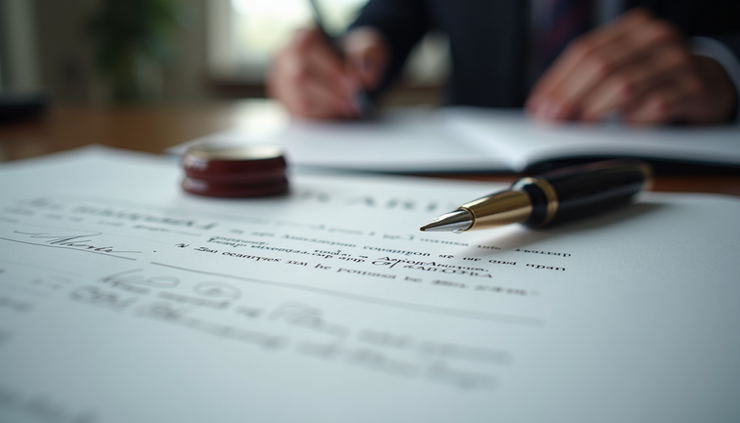 Eye-level view of a notary’s desk with legal documents and a seal