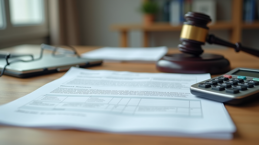 Close-up view of legal documents and a calculator on a wooden desk