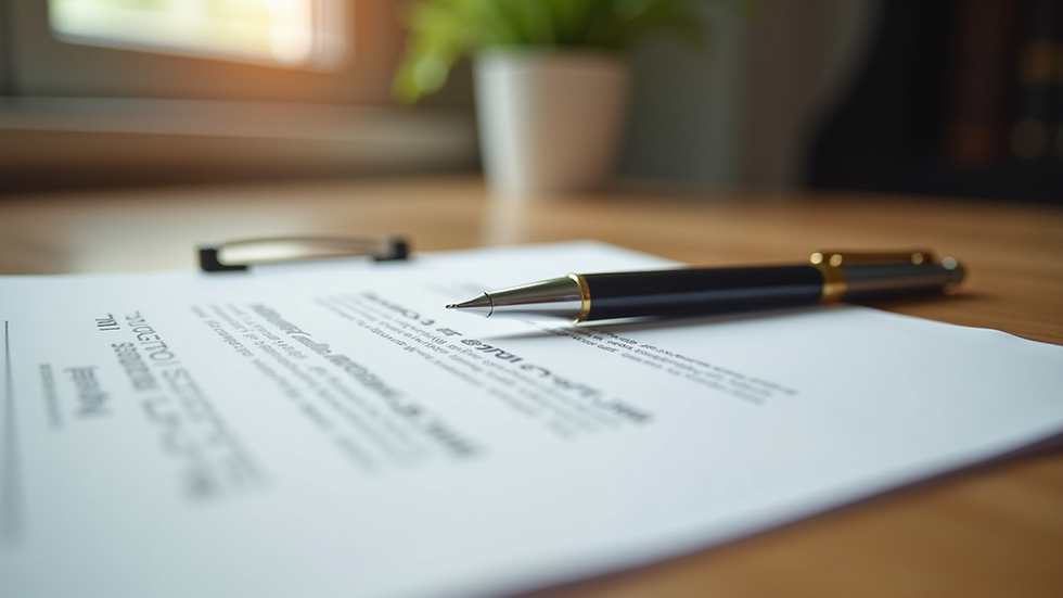 Eye-level view of a legal document and pen on a wooden desk