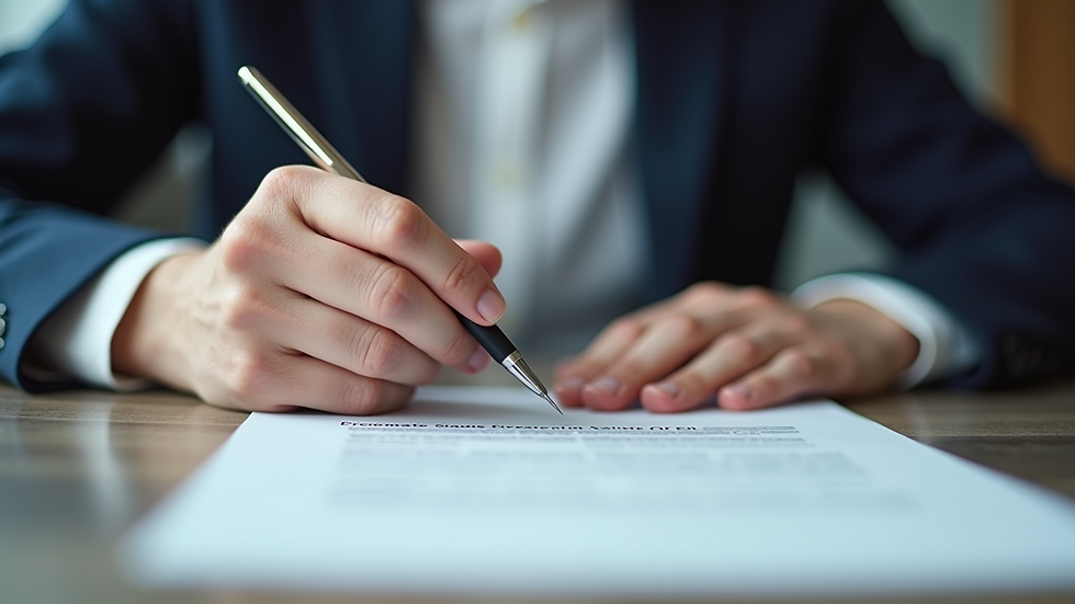Close-up of a mediator’s hands holding a pen over a settlement agreement