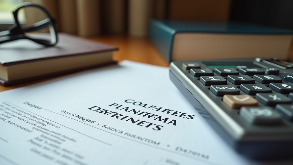 High angle view of a desk with legal books, calculator, and estate planning documents