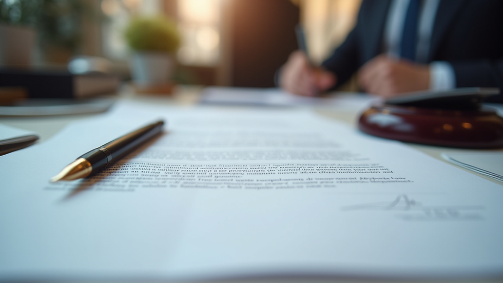 Close-up view of legal documents and a pen on a desk in a London law firm
