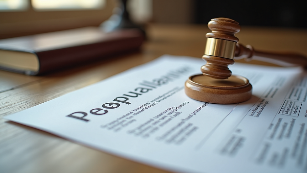 Eye-level view of a legal document with an official stamp on a wooden desk