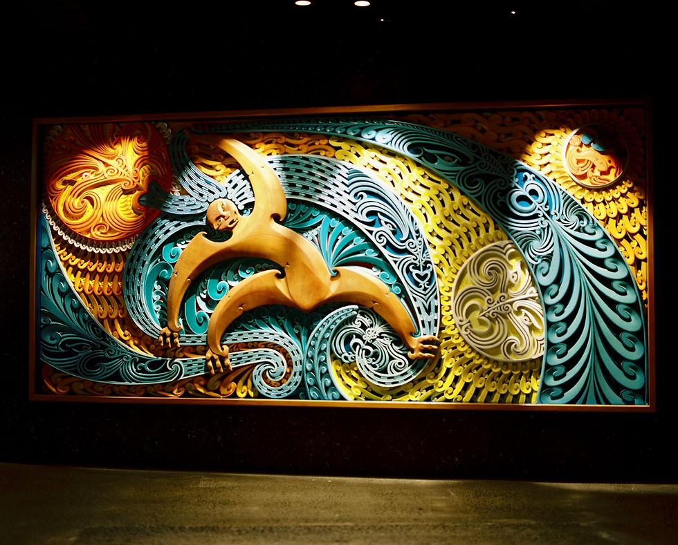Tāwhiri-Mātea (1978) - Māori wall art by NZ artist Cliff Whiting in MetService foyer, Wellington, New Zealand. The mural depicts the struggle of Tāwhirimātea to control his children, the wind and weather (the blue spiral forms). Tāwhirimātea sent forth the clouds, winds and storms to punish his brothers for separating their parents, Ranginui (the sky father) and Papatūānuku (the earth mother).
