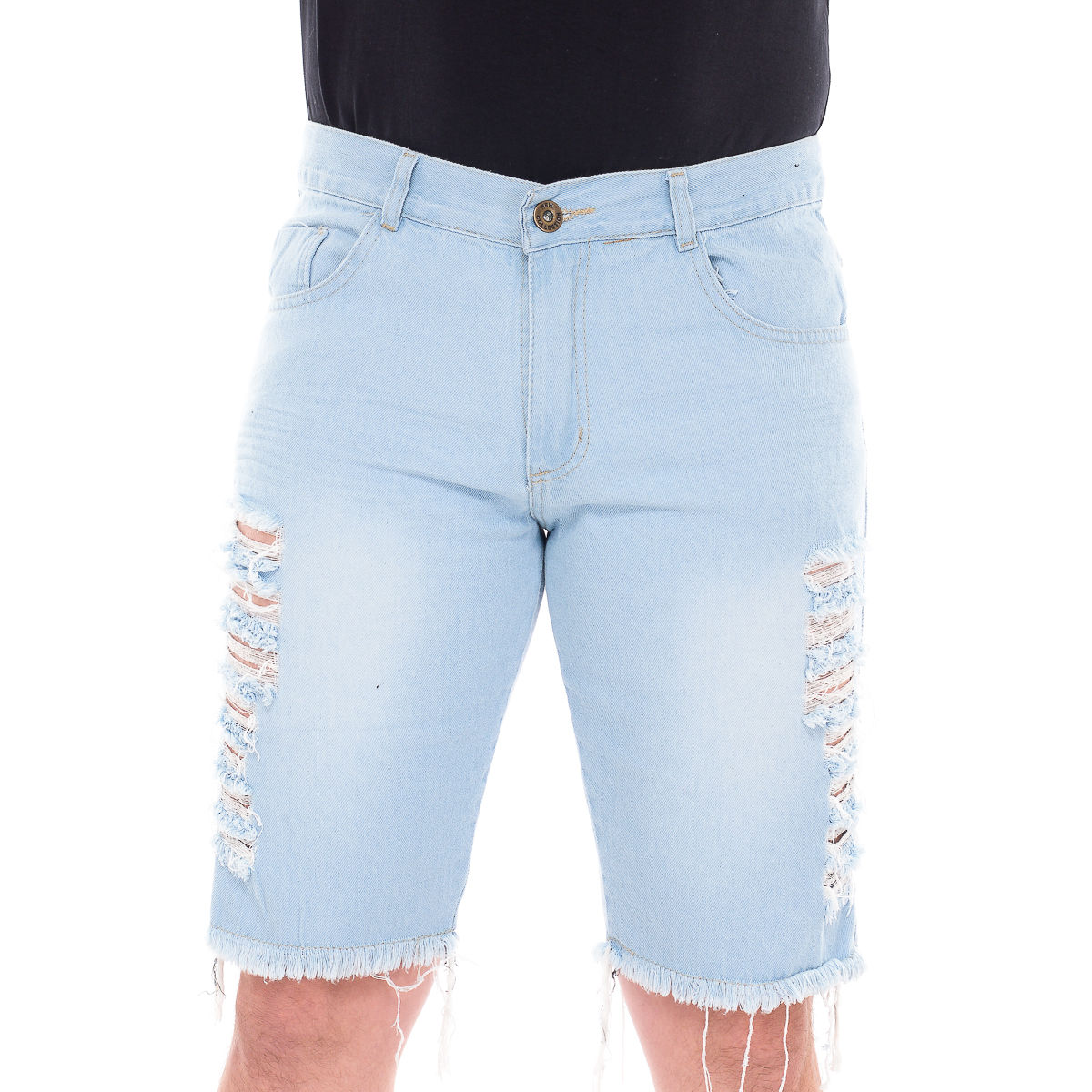 Bermuda Masculina Jeans Rasgada Cristal Com a Barra Desfiada