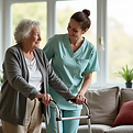 A-senior-caregiver-assisting-a-woman-with-a-walker-in-a-brightly-lit-living-room,-promotin