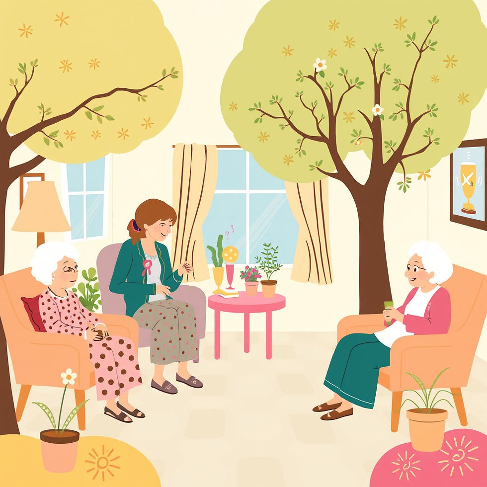 Caregiver with two elderly women in a bright, tree-filled living space