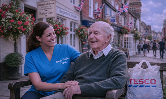 Smiling care assistant with elderly man on a bench in a town