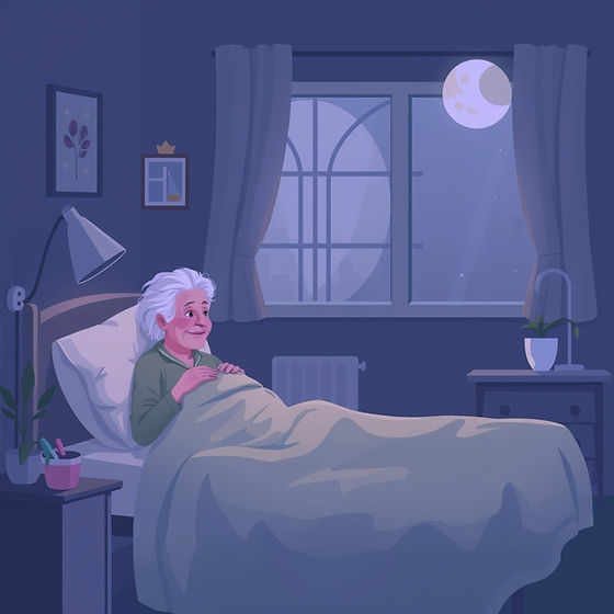 Elderly woman awake in bed at night, moon visible