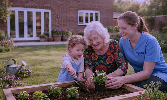 Care assistant gardening with elderly woman and child