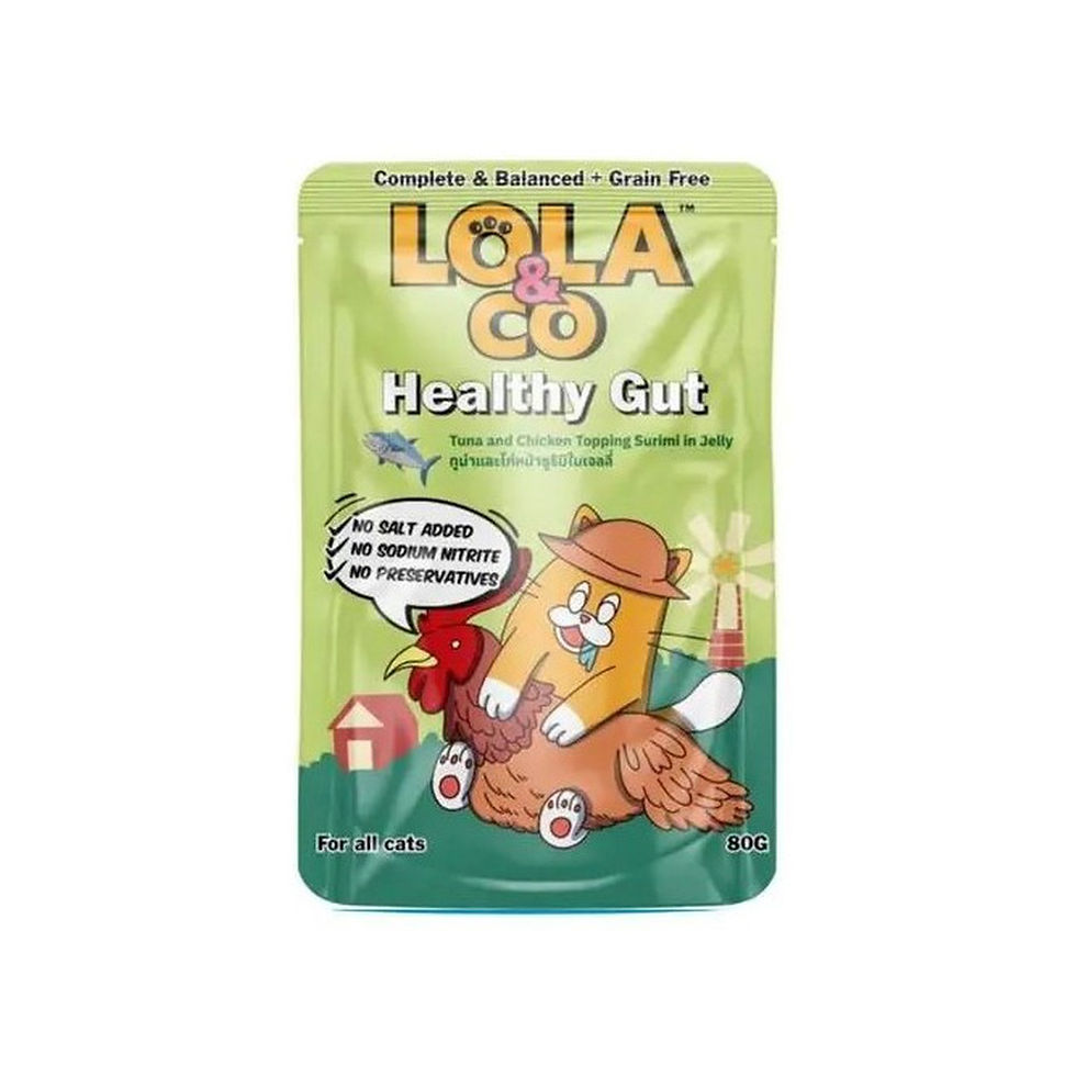 פאוץ' מעדן רטוב לחתולים Healthy Gut | טונה וסורימי | 80 גרם | Lola & Co | מותג באנגלית: Lola & Co