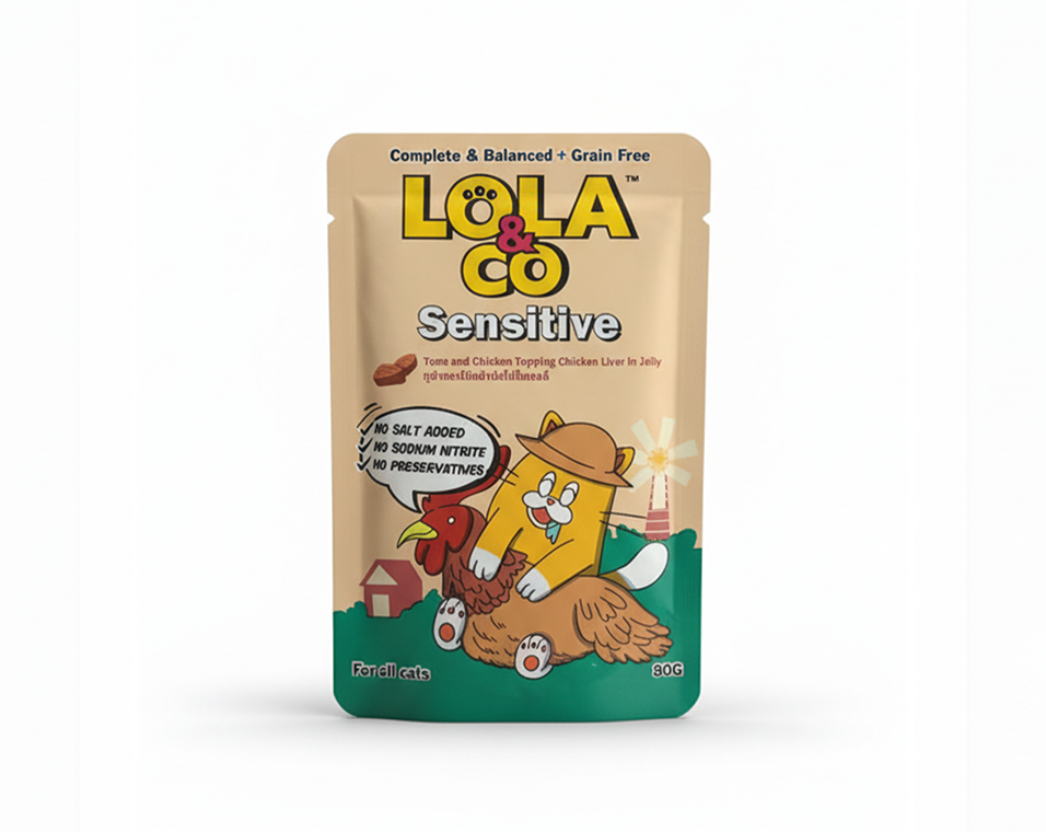 פאוץ' מעדן רטוב לחתולים Sensitive | טונה, עוף וכבד | 80 גרם | Lola & Co | מותג באנגלית: Lola & Co