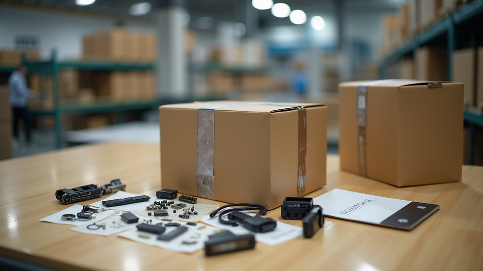 Augenblickaufnahme eines Pakets mit elektronischen Bauteilen auf einem Versandtisch