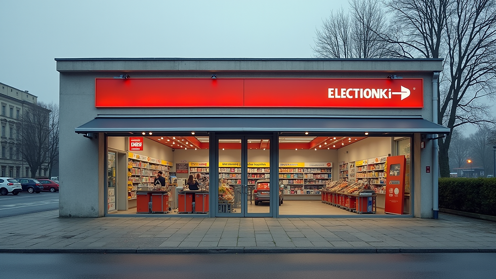 Frontansicht eines Elektronik Express Ladengeschäfts mit klarer Beschilderung
