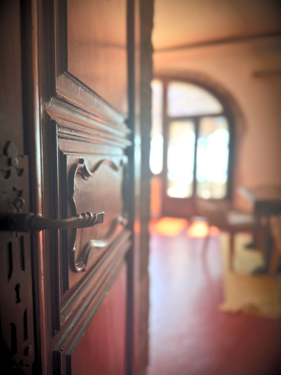 Carved wooden door slightly open, revealing elegant room with arched window.