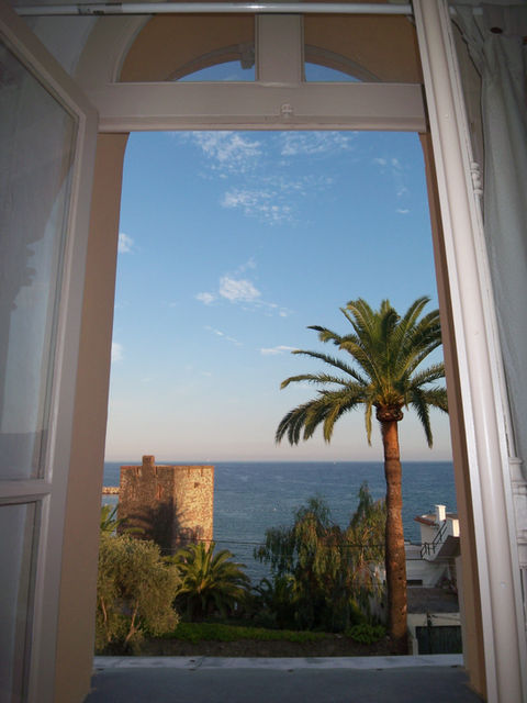 View from open window shows palm tree, historic tower, and blue sea.