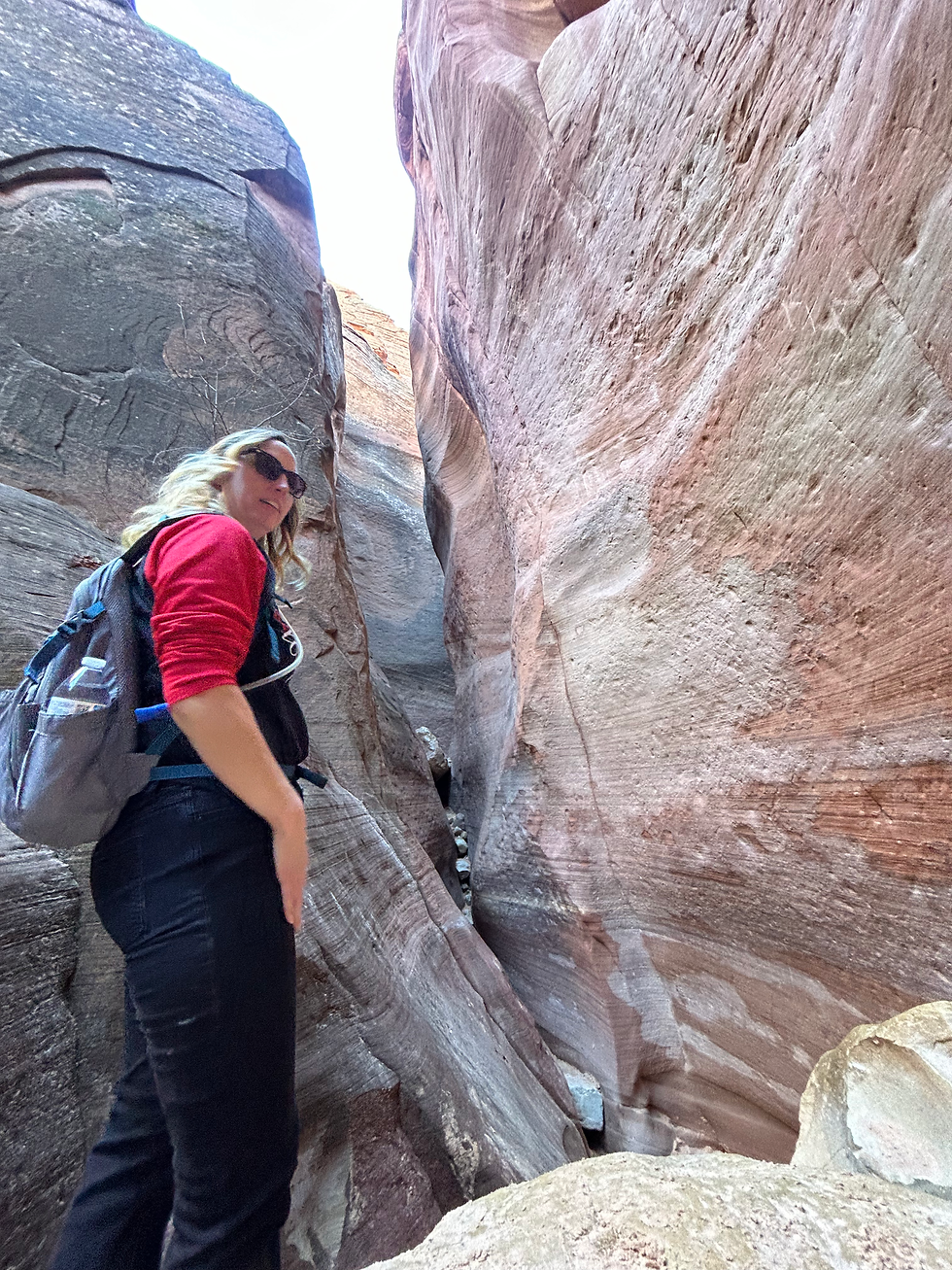 Wide angle view of a group hiking along a rocky trail with red cliffs in the background