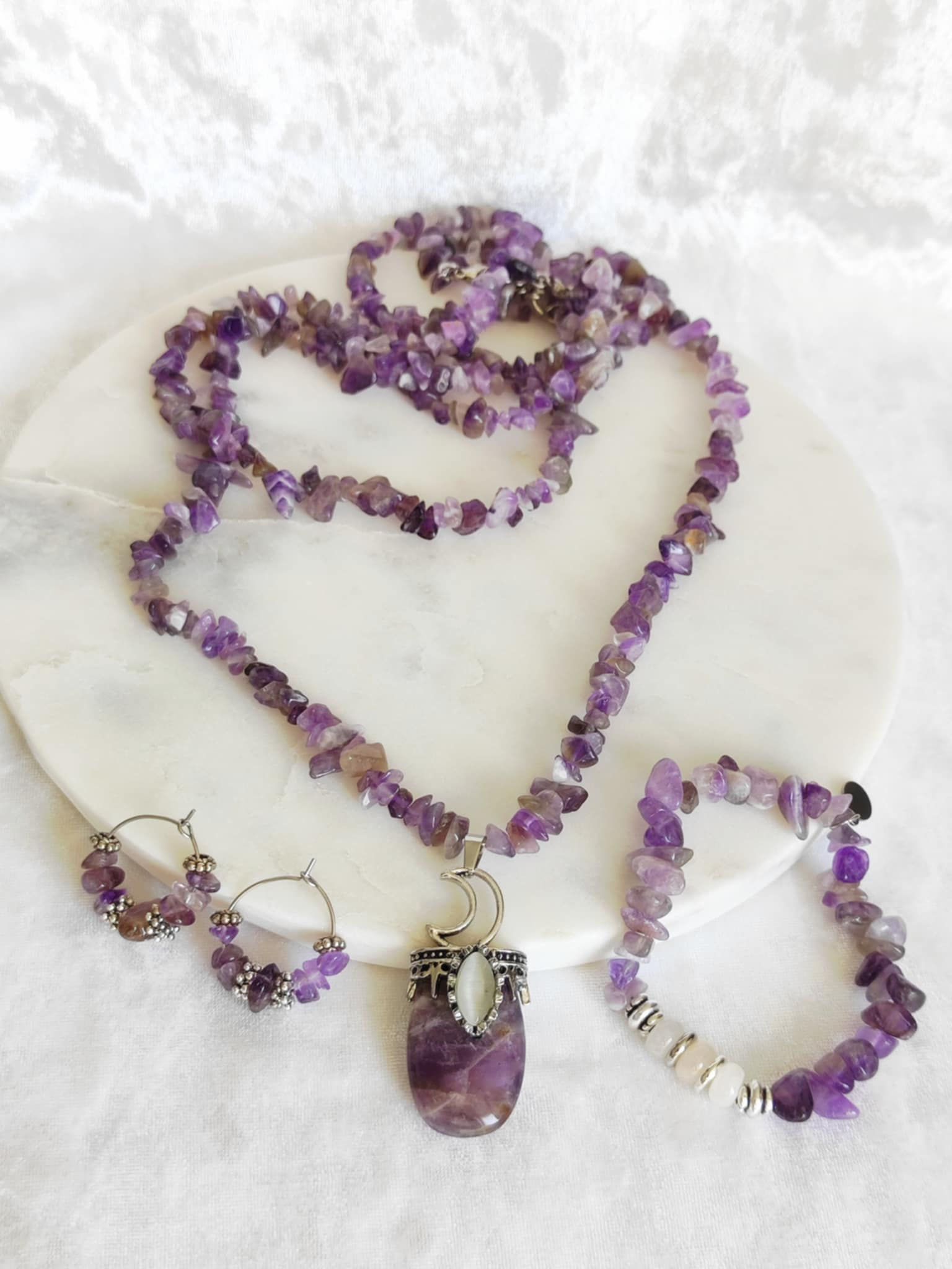Parure Améthyste – Collier, Bracelet & Boucles d’oreilles –