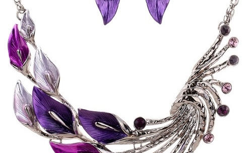 Thumbnail: Colorful Leaf Shape Jewelry Set With Pendant Necklace & Dangle Earrings Bride Je