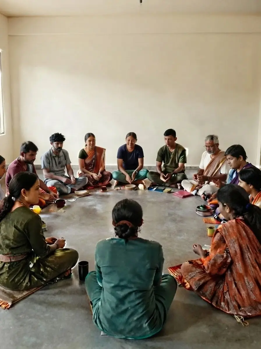 Digital photography showing a diverse group of people sitting in a circle on the floor, actively participating in a collaborative group session.