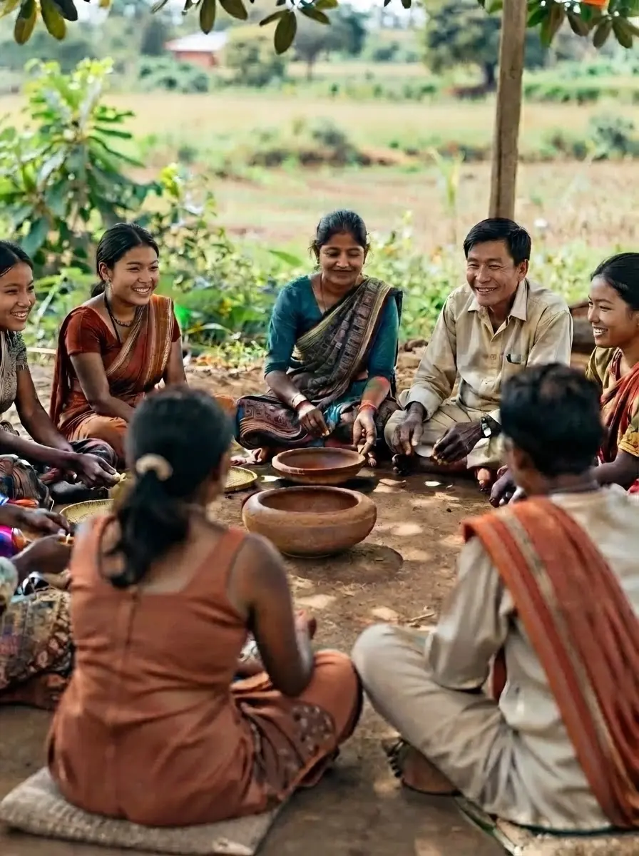 Outdoor photography of a diverse group of smiling people sitting in a circle outdoors. The image conveys a sense of community and traditional gathering.