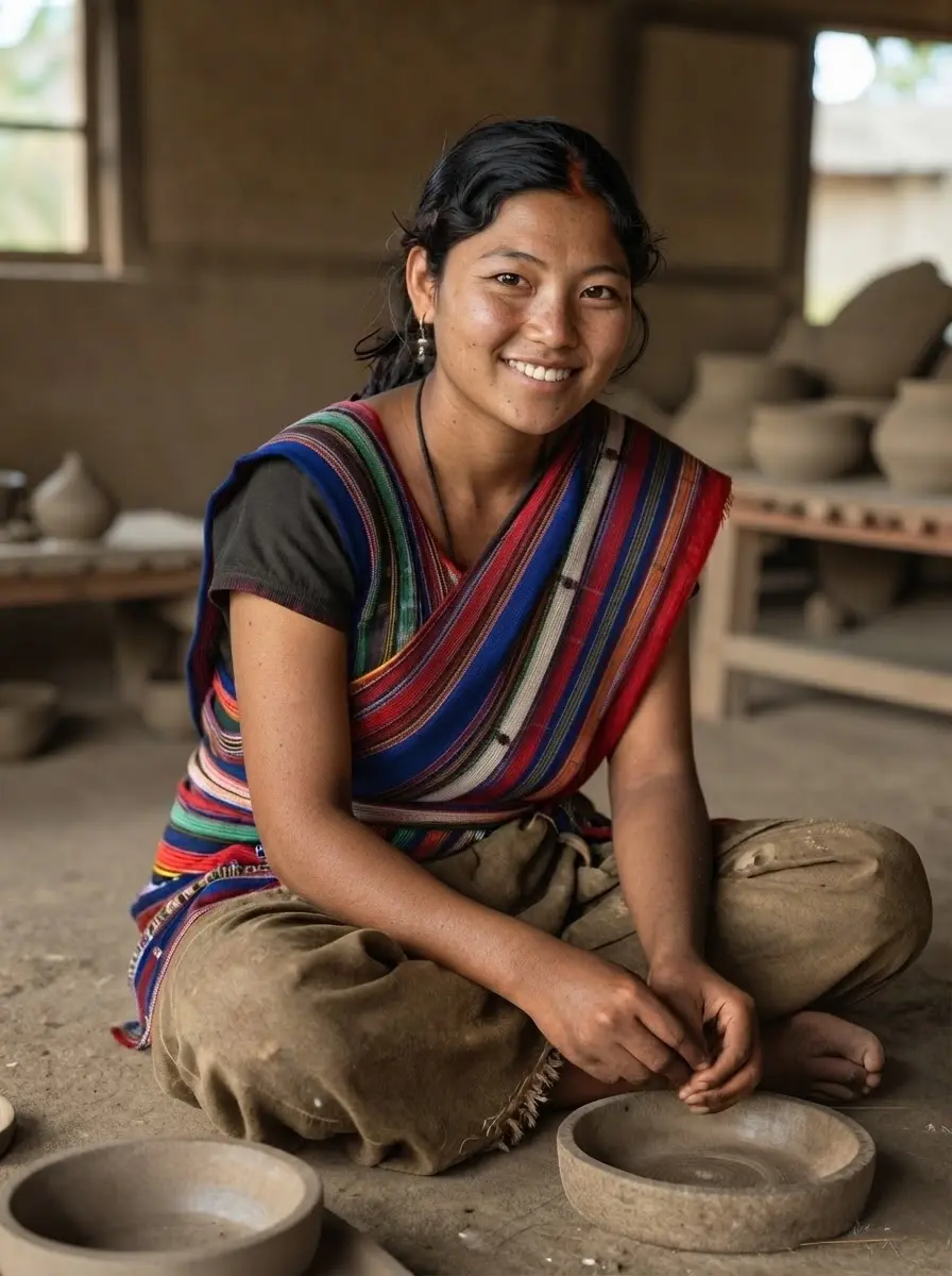 Studio photography of a smiling woman in traditional attire in a pottery workshop, surrounded by handmade pots.