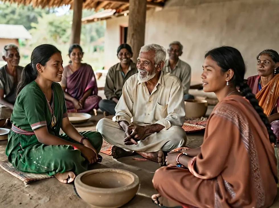 Lifestyle photography of a rural Indian community gathered together. An elder smiles and converses with younger members in a warm, communal setting.