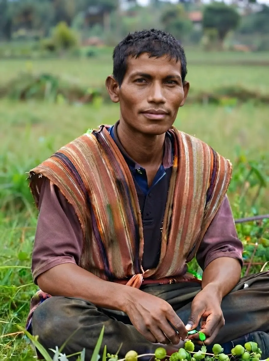 Outdoor photography of a man wearing a brightly striped, hand-woven shawl. He sits in a field with green foliage, looking towards the viewer.