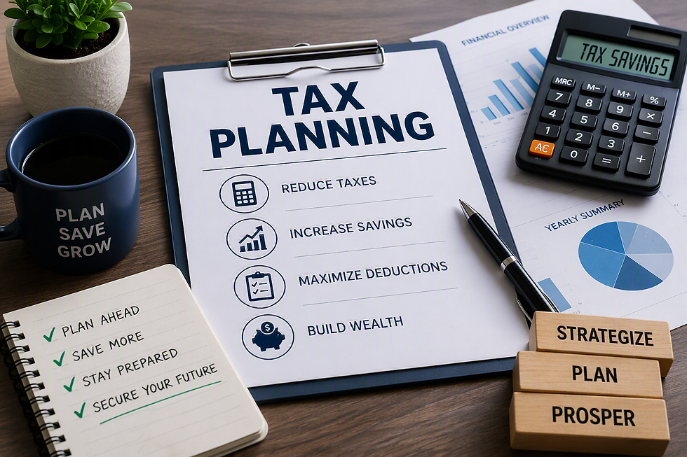 Tax planning desk with clipboard, calculator, mug, and notes; charts and blocks read PLAN, STRATEGIZE, PROSPER.