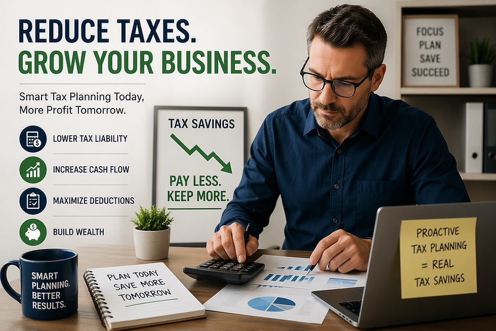 Man at desk reviews tax charts beside laptop; ad reads Reduce Taxes, Grow Your Business and Tax Savings.