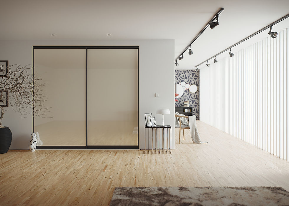 Black Framed Sliding Robes with Light Beige Glass