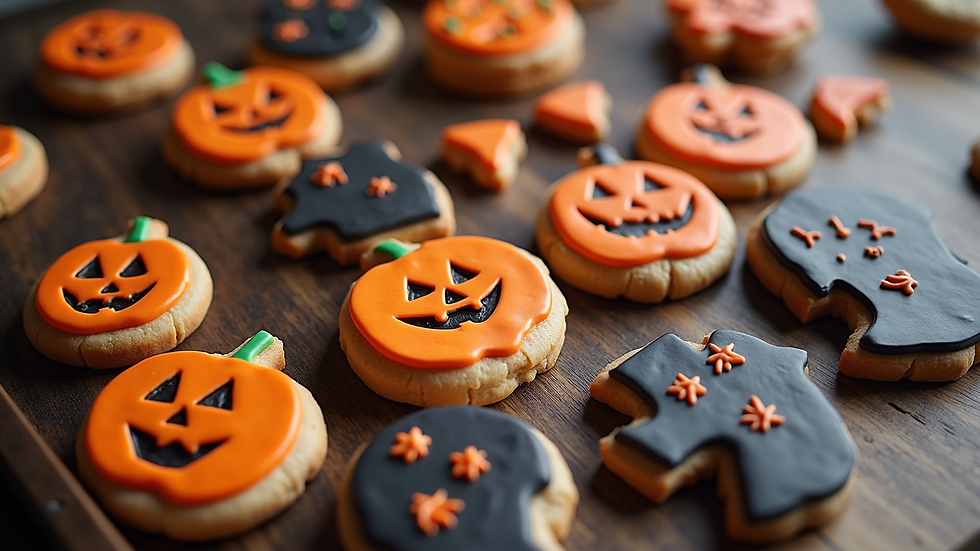 High angle view of assorted Halloween cookies decorated with stencils