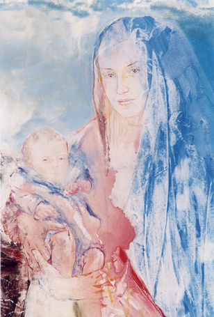 Artiste peintre Almeida Marie Hélène. Peinture art sacré biblique et religieuse. Tableau. Acrylique. La Vierge Marie à l'enfant dans le Ciel .