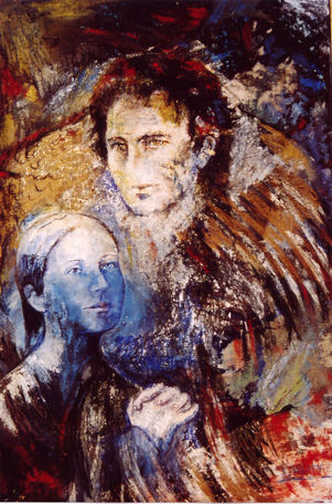 Peinture artistique religieuse, biblique, spirituelle du Christ, de Jésus, de Dieu, réalisée par le peintre Almeida Marie Hélène. Tableau : Artiste peintre Almeida Marie Hélène. Peinture art sacré biblique et religieuse. Tableau Huile. Gemma Galganie et son ange gardien.