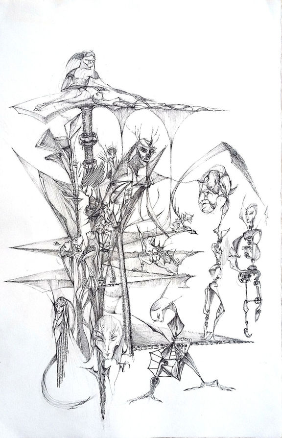 Dessin à l’encre de Chine de Marie-Hélène Almeida, intitulé « Le Totem », représentant une colonne de masques et de visages superposés, révélant un monde intérieur en silence, dans un style sobre et authentique.