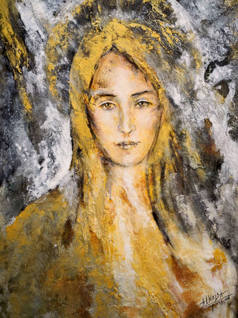 Artiste peintre Almeida Marie Hélène. Peinture art sacré biblique et religieuse. Tableau Huile. La Vierge Marie aux yeux d'Or.