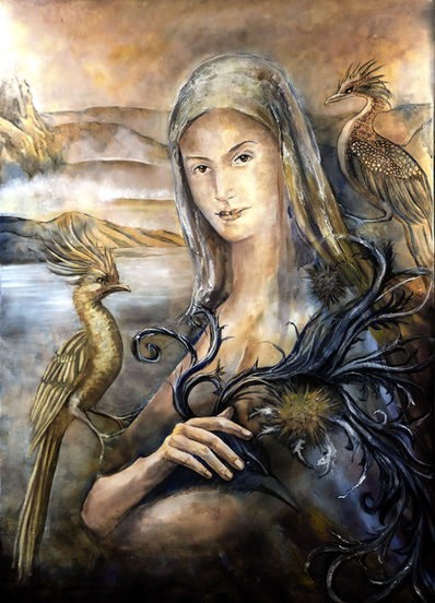 Marie-Hélène Almeida, artiste peintre – peinture à l’huile La Messagère du Silence, style onirique et poétique, portrait féminin entouré d’oiseaux et de formes organiques, figure symbolique évoquant la nature, le silence intérieur et la transformation.
