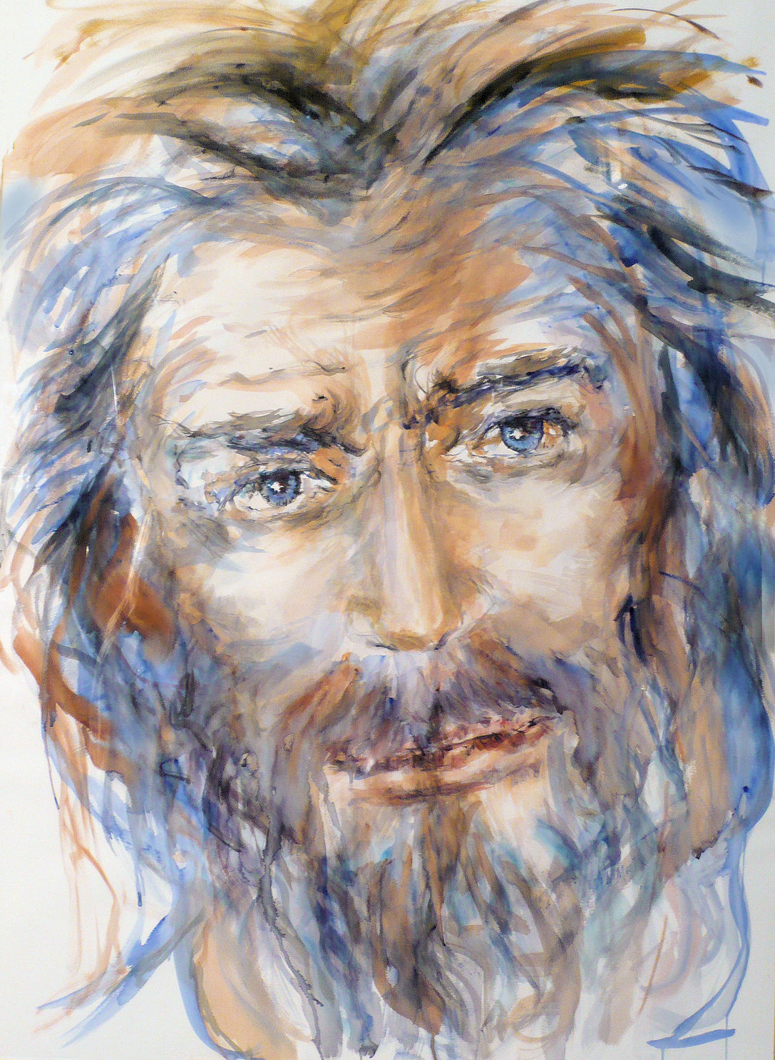 Marie-Hélène Almeida, artiste peintre – portrait à l’aquarelle "Bienveillance", visage masculin réaliste et poétique, nuances de bleu et brun, regard profond exprimant humanité et confiance.