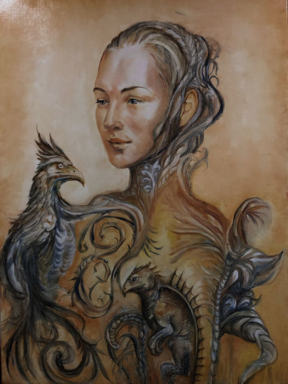 Marie-Hélène Almeida, artiste peintre – peinture à l’huile La Gardienne des songes, style onirique et poétique, portrait féminin aux formes organiques mêlant éléments végétaux, coquillages et présence animale, figure symbolique incarnant le passage entre le monde réel et l’univers des rêves.