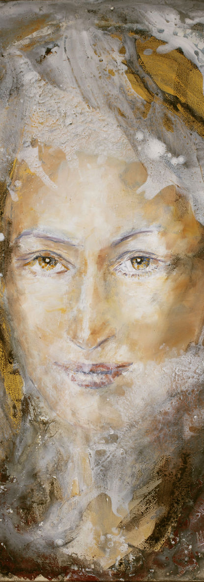 Marie-Hélène Almeida, artiste peintre – portrait à l’huile "Meryl", visage féminin réaliste et poétique, auréolé de blanc et d’or, regard lumineux et apaisant.