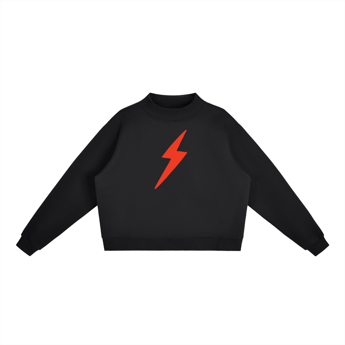 Front view of Thunder Bolt Fleece Mock Neck Crew Sweatshirt in Black