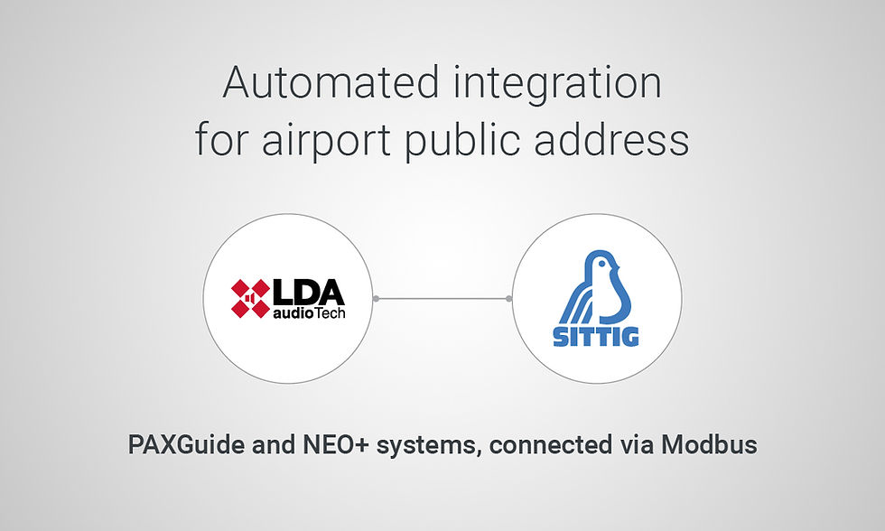 LDA Audio Tech and Sittig logos linked by a line, titled "Automated integration for airport public address" via Modbus.